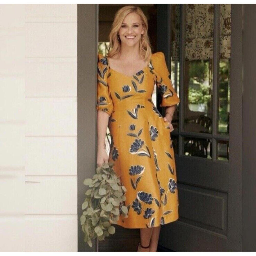 Draper James June Midi Dress Marigold Yellow Floral Size 6 SMS Sample - Picture 2 of 8